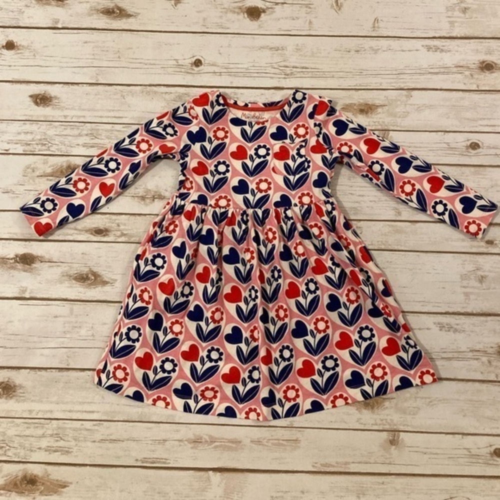 Mini Boden Pink Lemonade Red Hearts Blue Flowers Long Sleeve Jersey Dress 7/8